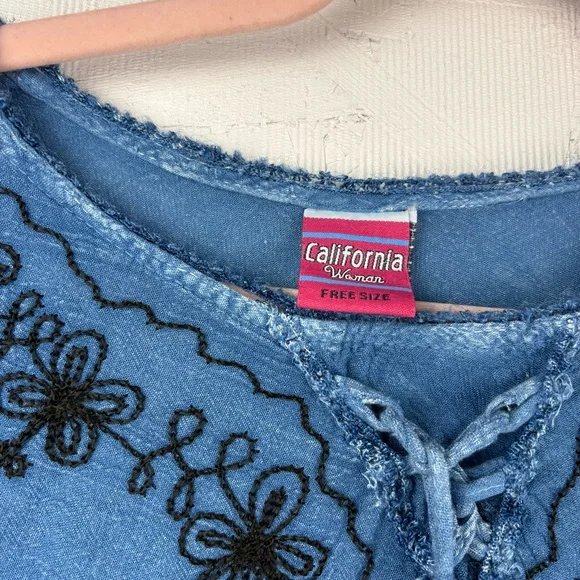 VTG California Woman Free Size Blue Tie-Dye Women's Top Embroidered - Picture 4 of 6